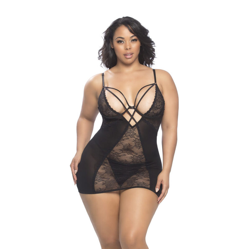 Lace and Mesh Babydoll With Underwire and Neck Straps plus G-String