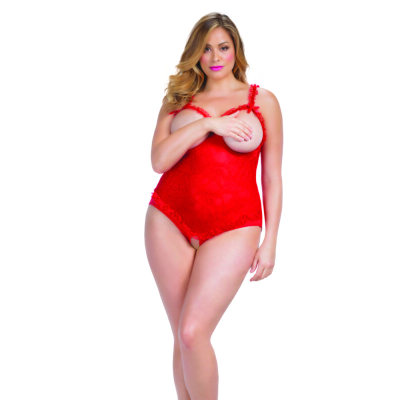 Red Open Cup Crotchless Teddy Queen Size