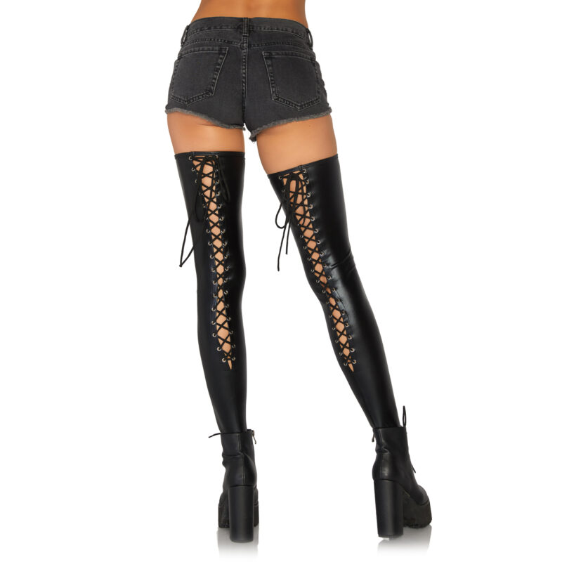 Black  Wet Look Lace Up Thigh Hi