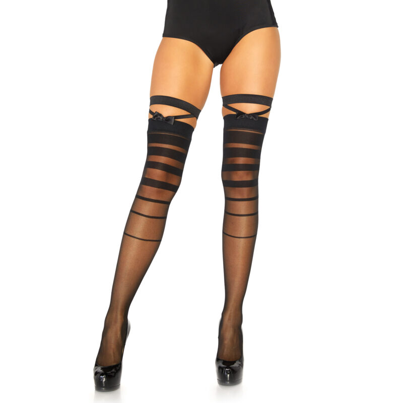 Black Spandex Sheer Halftone Striped Thigh Highs With Bow and Garter Detail