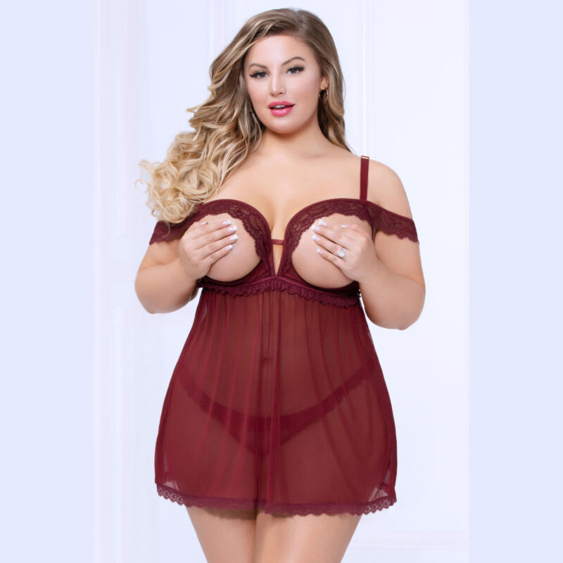 Plus Size Lace and Mesh Babydoll with Thong