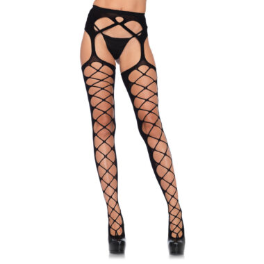 Diamond Net Opaque Stockings With Attached Garter