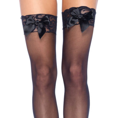 Sheer Lace Top Thigh Highs With Satin Bow Accent