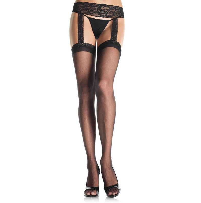 Sheer Lace Top Stockings With Attached Lace Garter Belt Queen Size